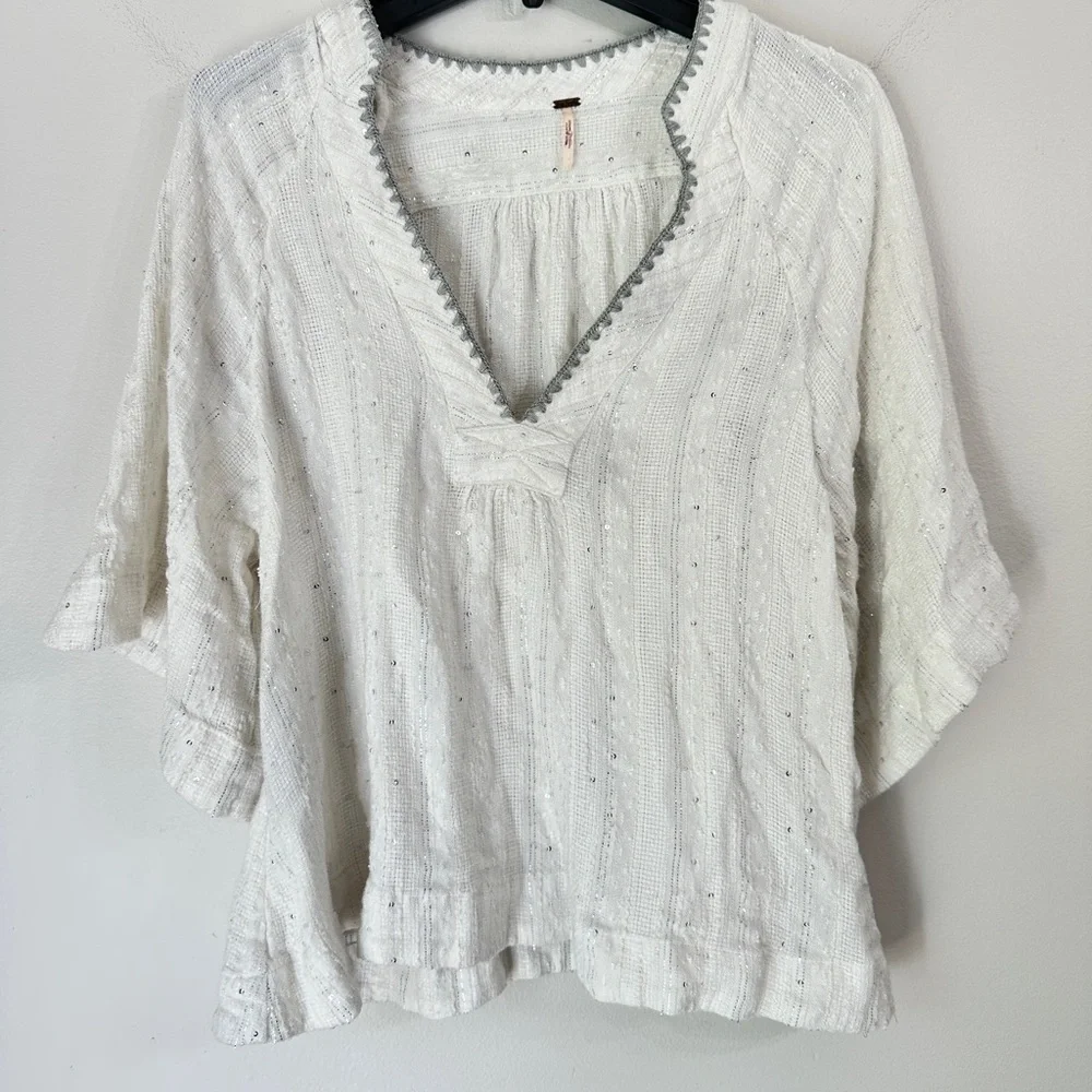 Free People Get Over It Top Bell Sleeve Sequins Metallic Boho Ivory blouse Small